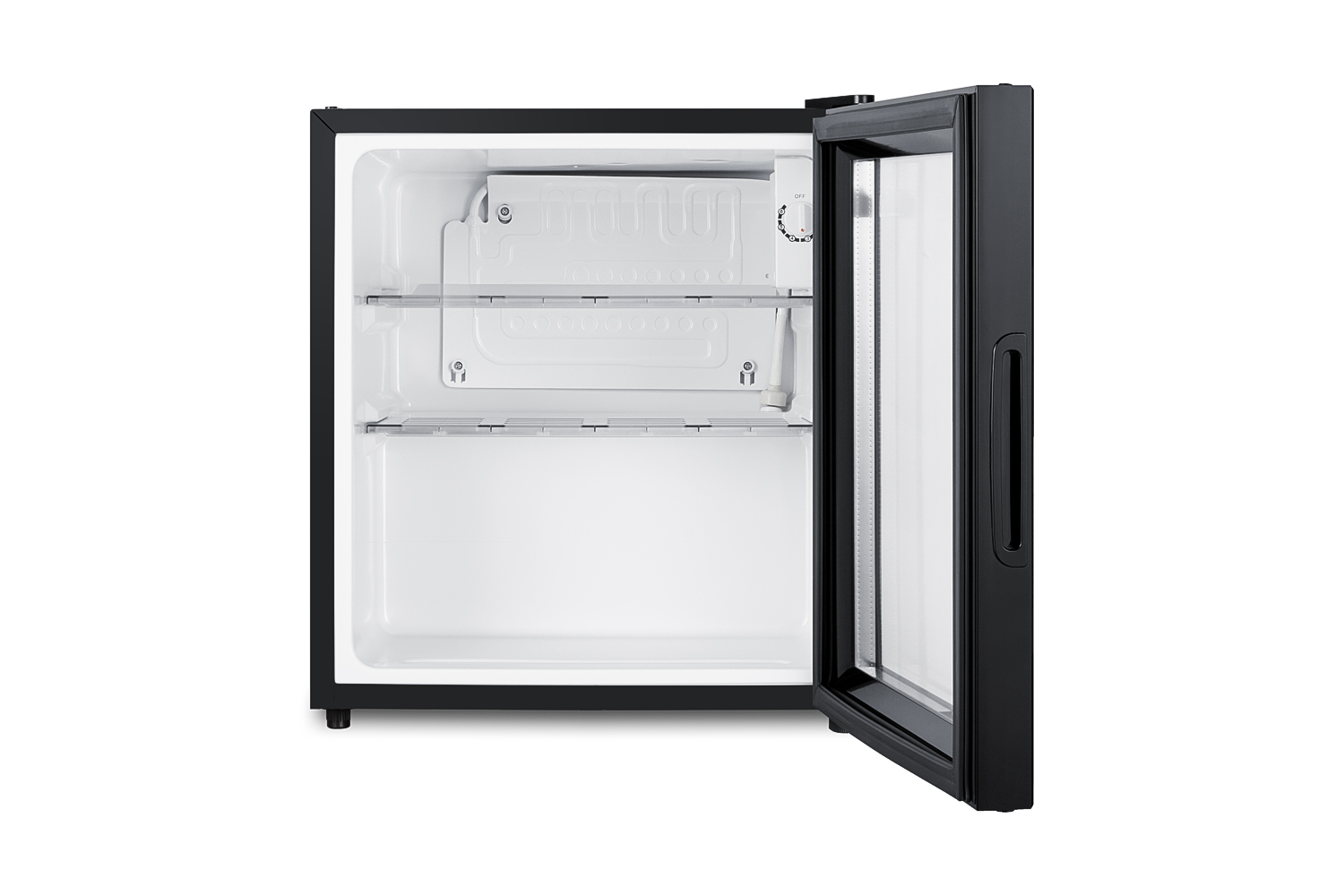 Compact minibar with reversible glass door, front lock, and glossy black cabinet